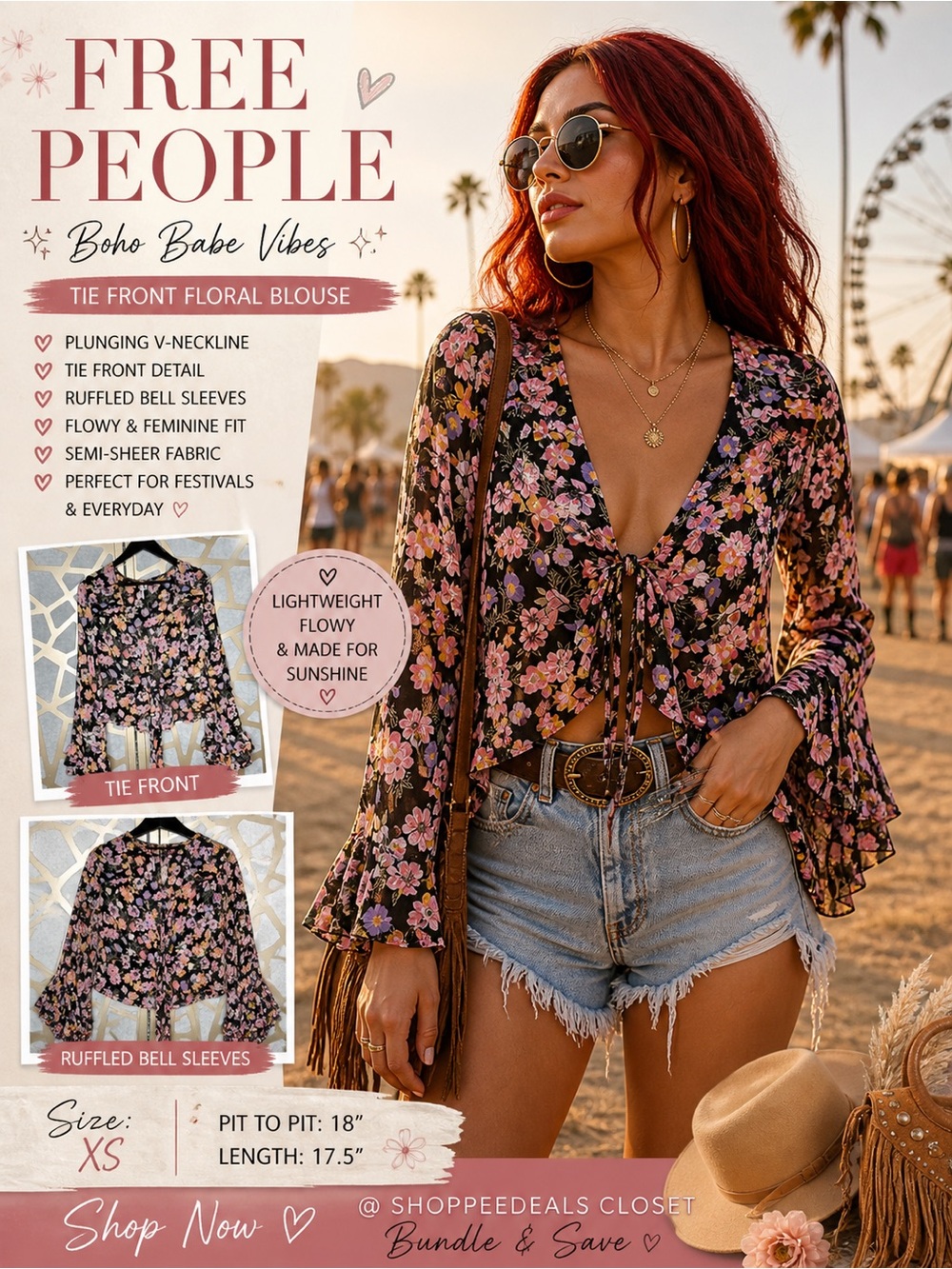 Free People Floral Tie Front Boho Blouse XS Bell Sleeve V-Neck